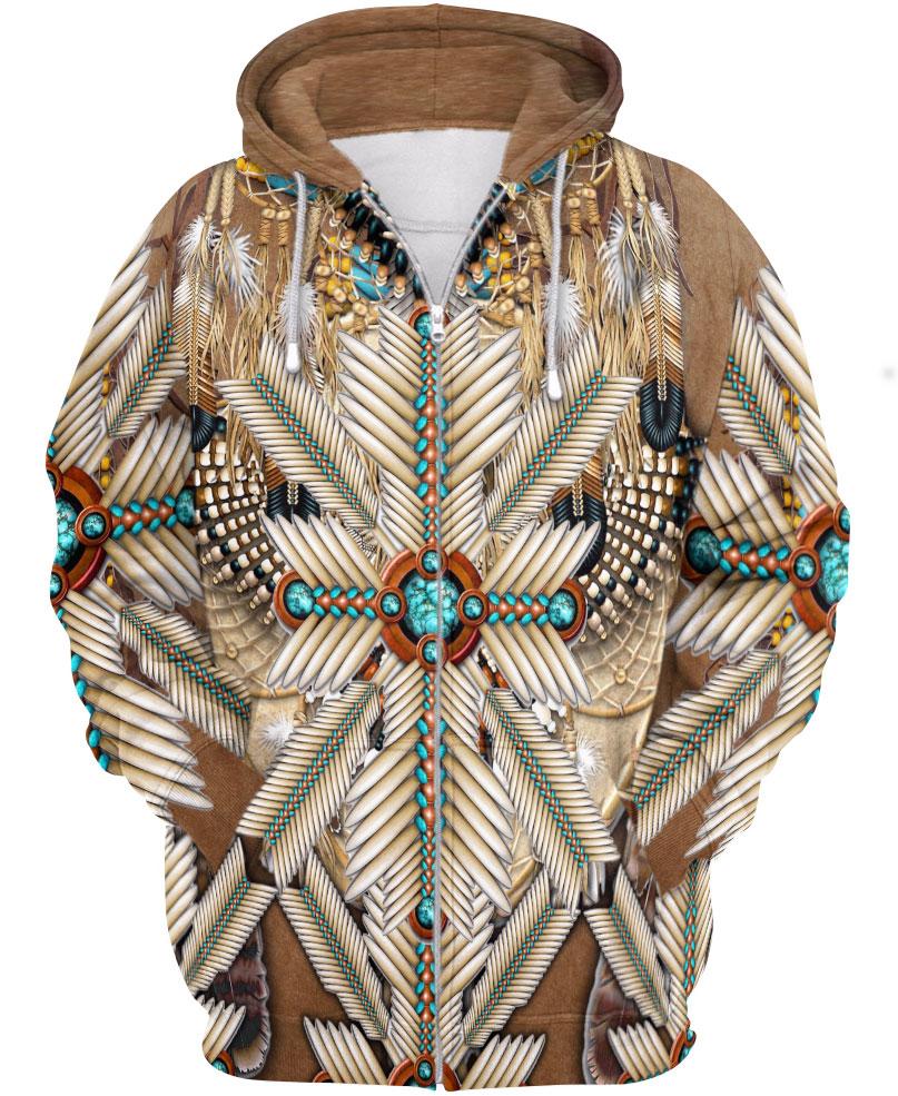 WelcomeNative Brown White Bead Feather 3D Hoodie, All Over Print Hoodie, Native American