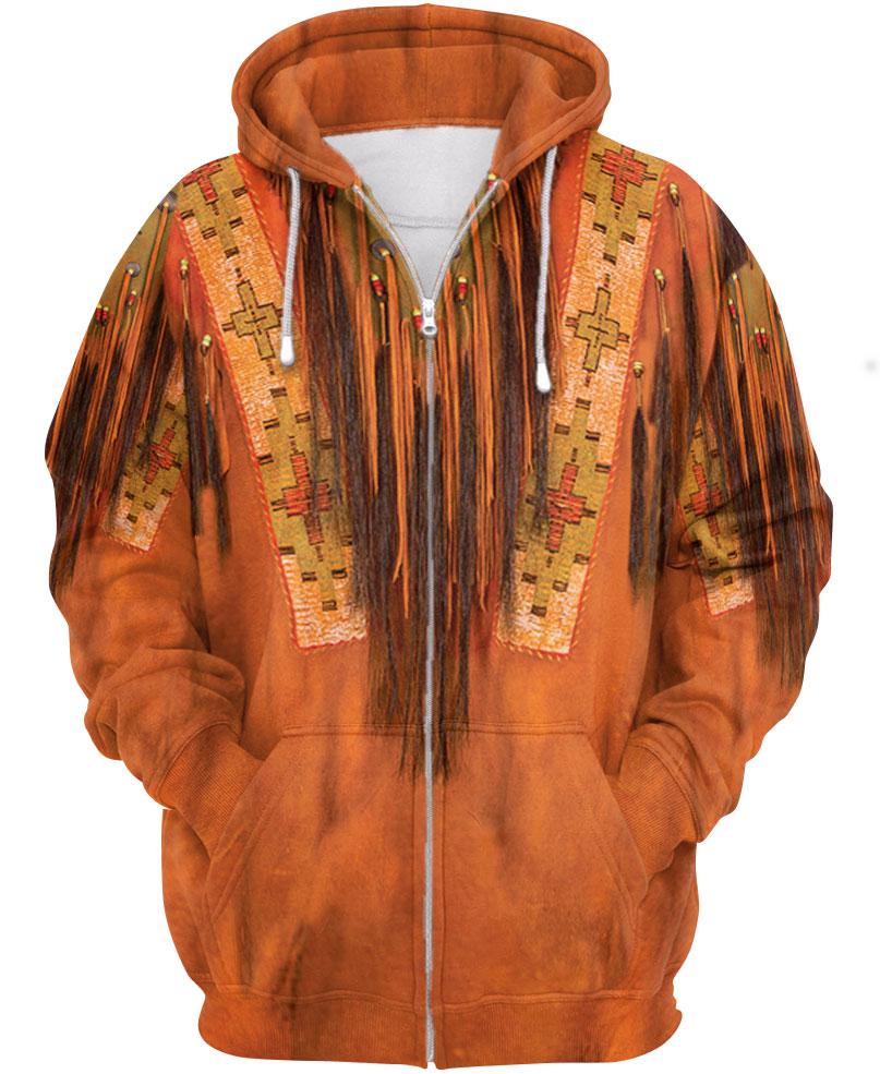 WelcomeNative Orange Printed Fringe 3D Hoodie, All Over Print Hoodie, Native American