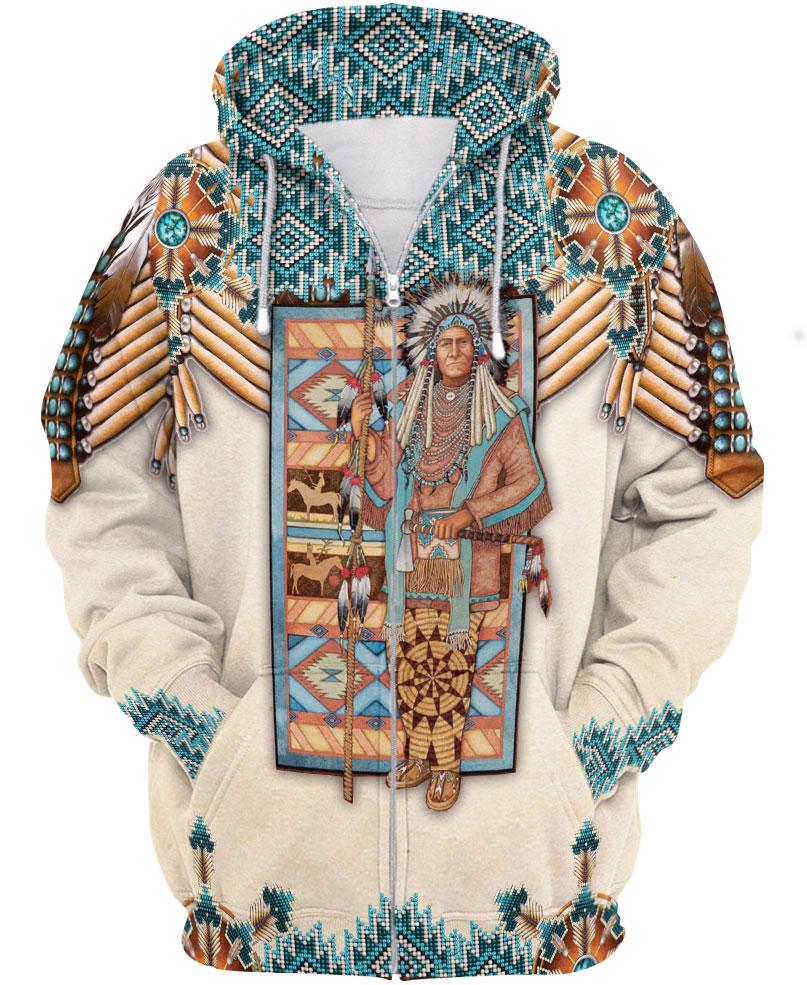 WelcomeNative White Bead Native Chief 3D Hoodie, All Over Print Hoodie, Native American