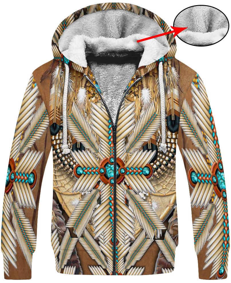 WelcomeNative Brown White Bead Feather 3D Hoodie, All Over Print Hoodie, Native American