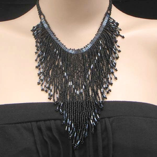 Handmade Beaded Black Bugle Seed Bead Bib Necklace - Welcome Native