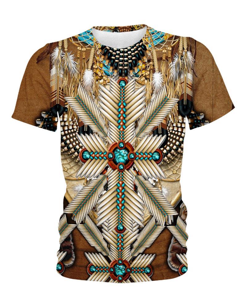 WelcomeNative Brown White Bead Feather, 3D T Shirt, All Over Print T Shirt, Native American