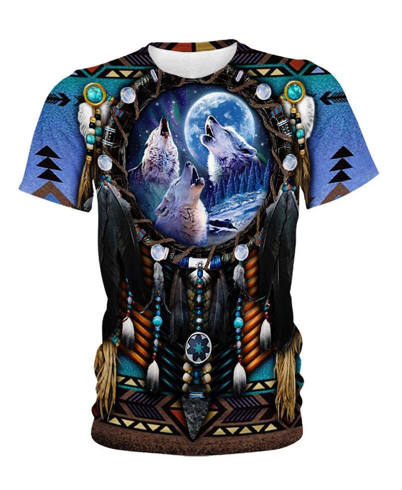 WelcomeNative Blue Wolf Dreamcatcher, 3D T Shirt, All Over Print T Shirt, Native American