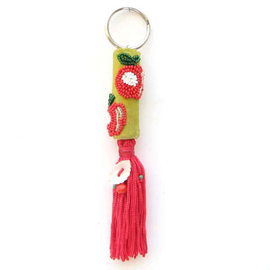 Apple Beadwork Red White Seed Beaded Key Ring Charm Leather - Welcome Native
