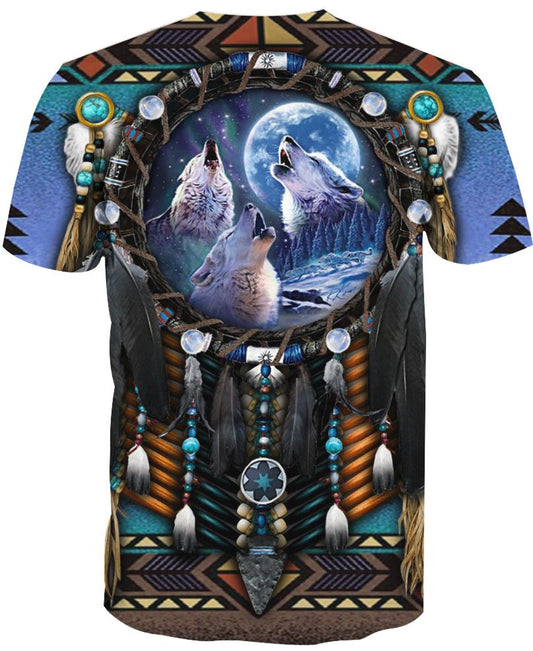 WelcomeNative Blue Wolf Dreamcatcher, 3D T Shirt, All Over Print T Shirt, Native American