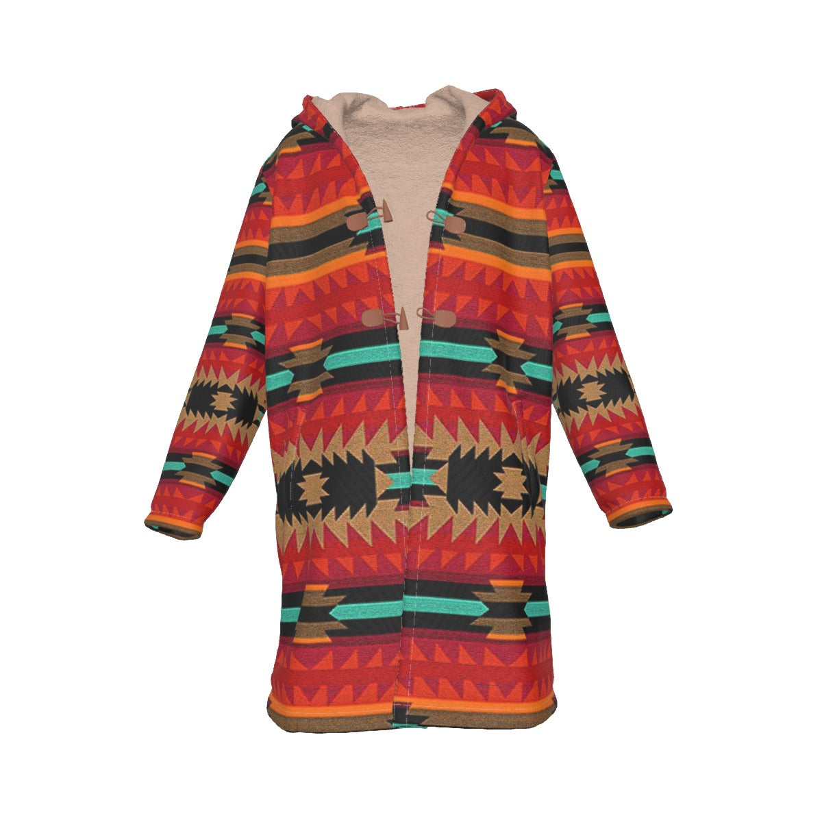 WelcomeNative Native American Horn Button Long Fleece Windbreaker, 3D Long Coat, All Over Print