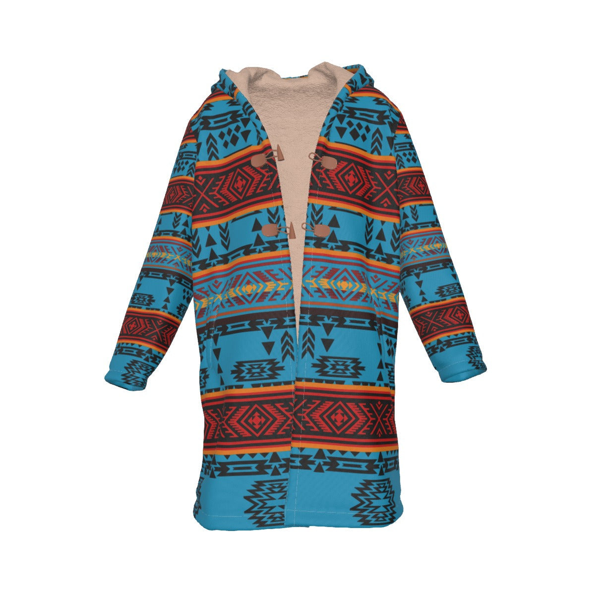 WelcomeNative Native American Horn Button Long Fleece Windbreaker, 3D Long Coat, All Over Print