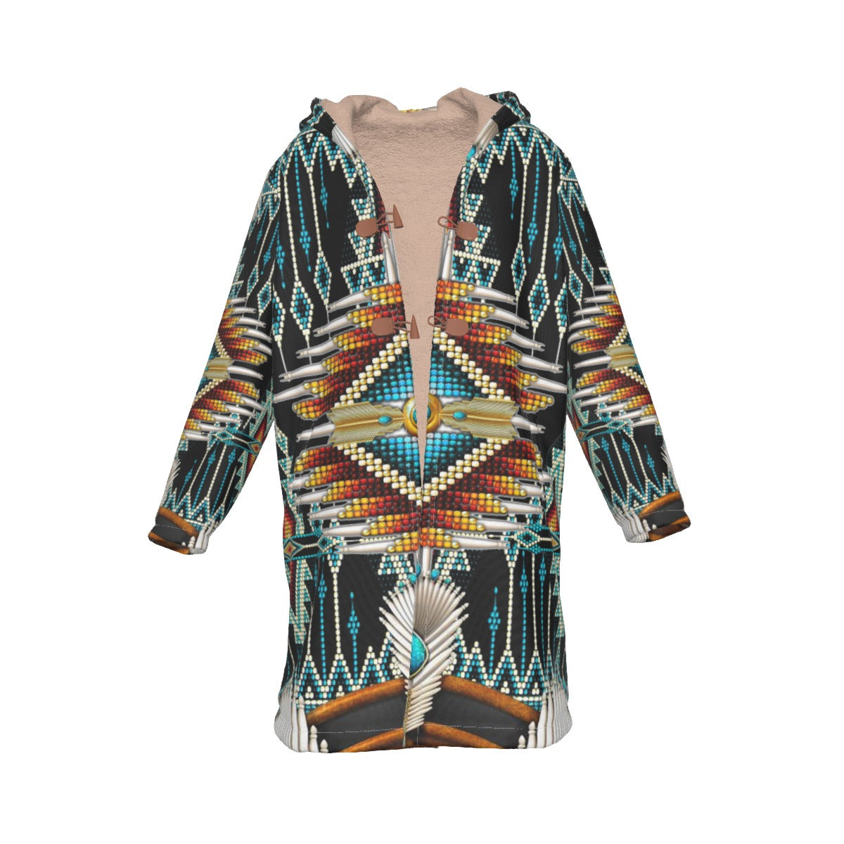 WelcomeNative Native American Horn Button Long Fleece Windbreaker, 3D Long Coat, All Over Print