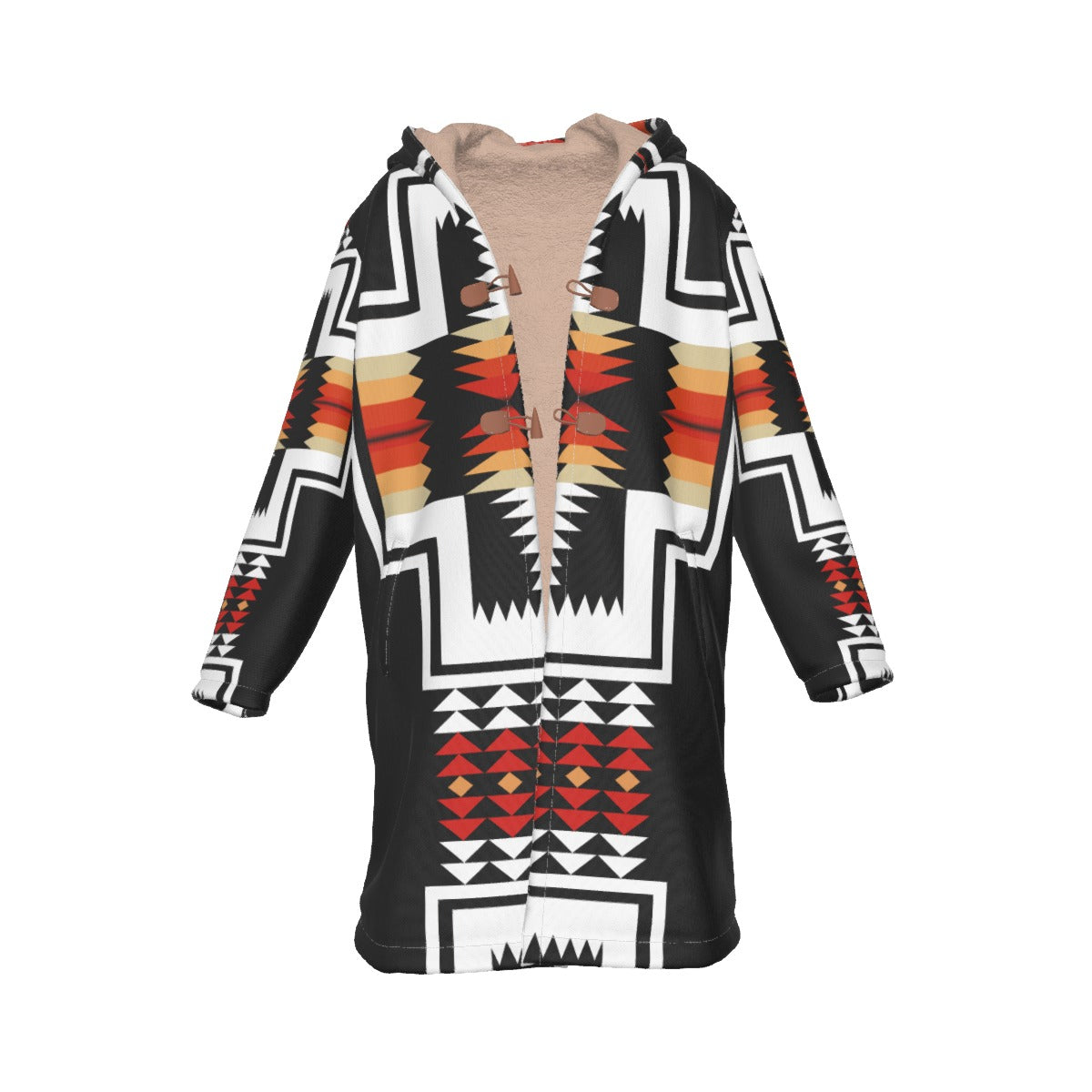 WelcomeNative Native American Horn Button Long Fleece Windbreaker, 3D Long Coat, All Over Print