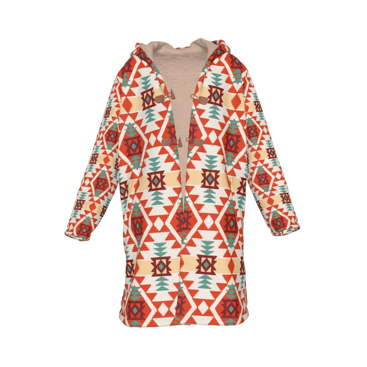 WelcomeNative Native American Horn Button Long Fleece Windbreaker, 3D Long Coat, All Over Print