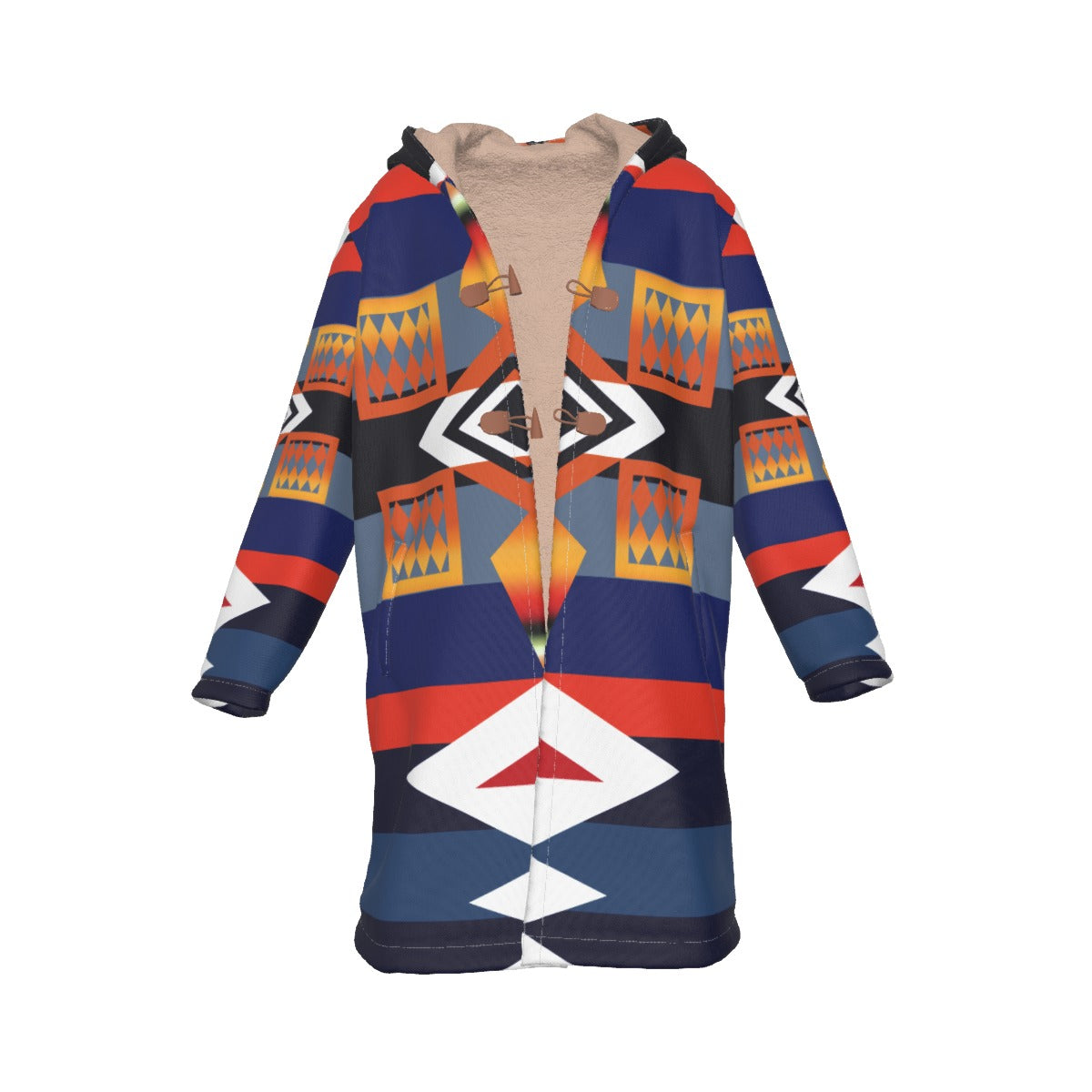 WelcomeNative Native American Horn Button Long Fleece Windbreaker, 3D Long Coat, All Over Print