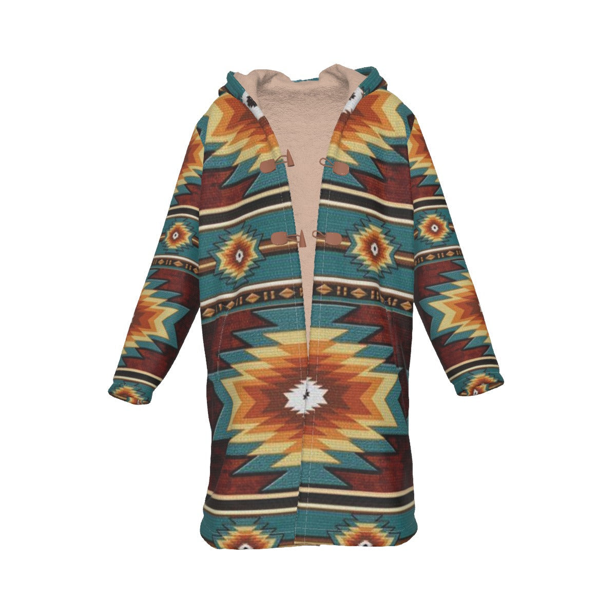 WelcomeNative Native American Horn Button Long Fleece Windbreaker, 3D Long Coat, All Over Print