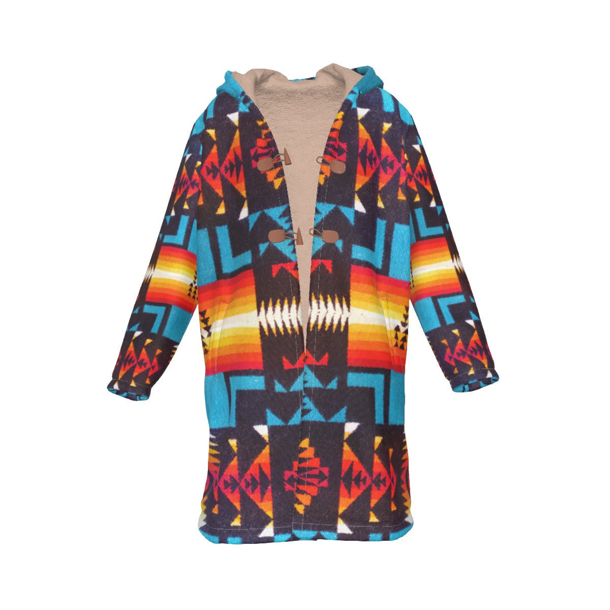 WelcomeNative Native American Horn Button Long Fleece Windbreaker, 3D Long Coat, All Over Print