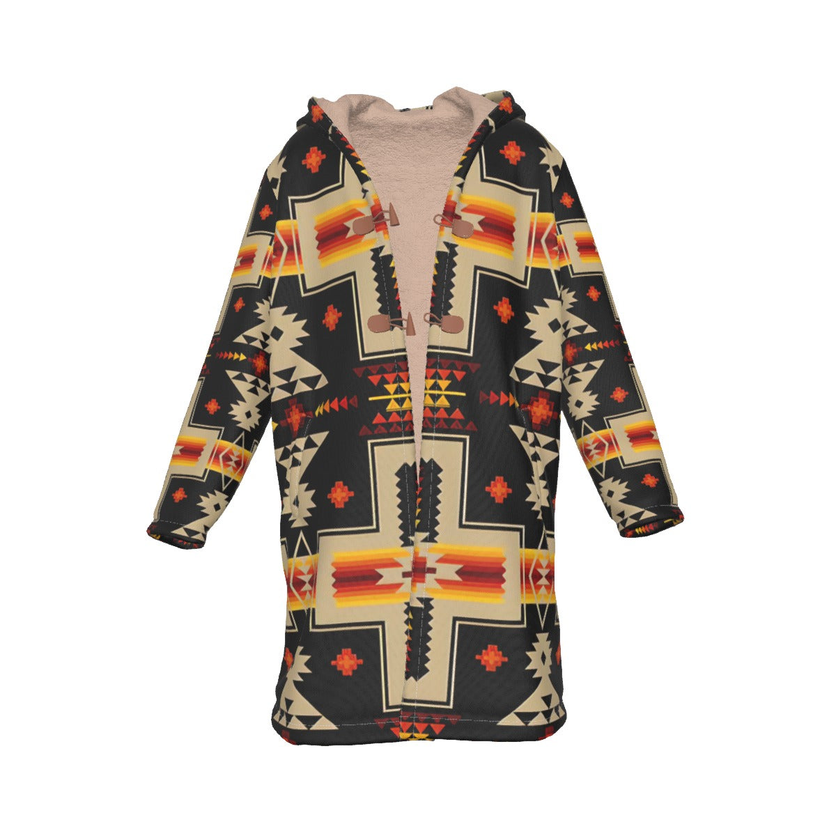WelcomeNative Native American Horn Button Long Fleece Windbreaker, 3D Long Coat, All Over Print