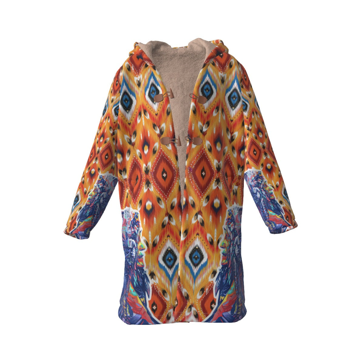WelcomeNative Native American Horn Button Long Fleece Windbreaker, 3D Long Coat, All Over Print