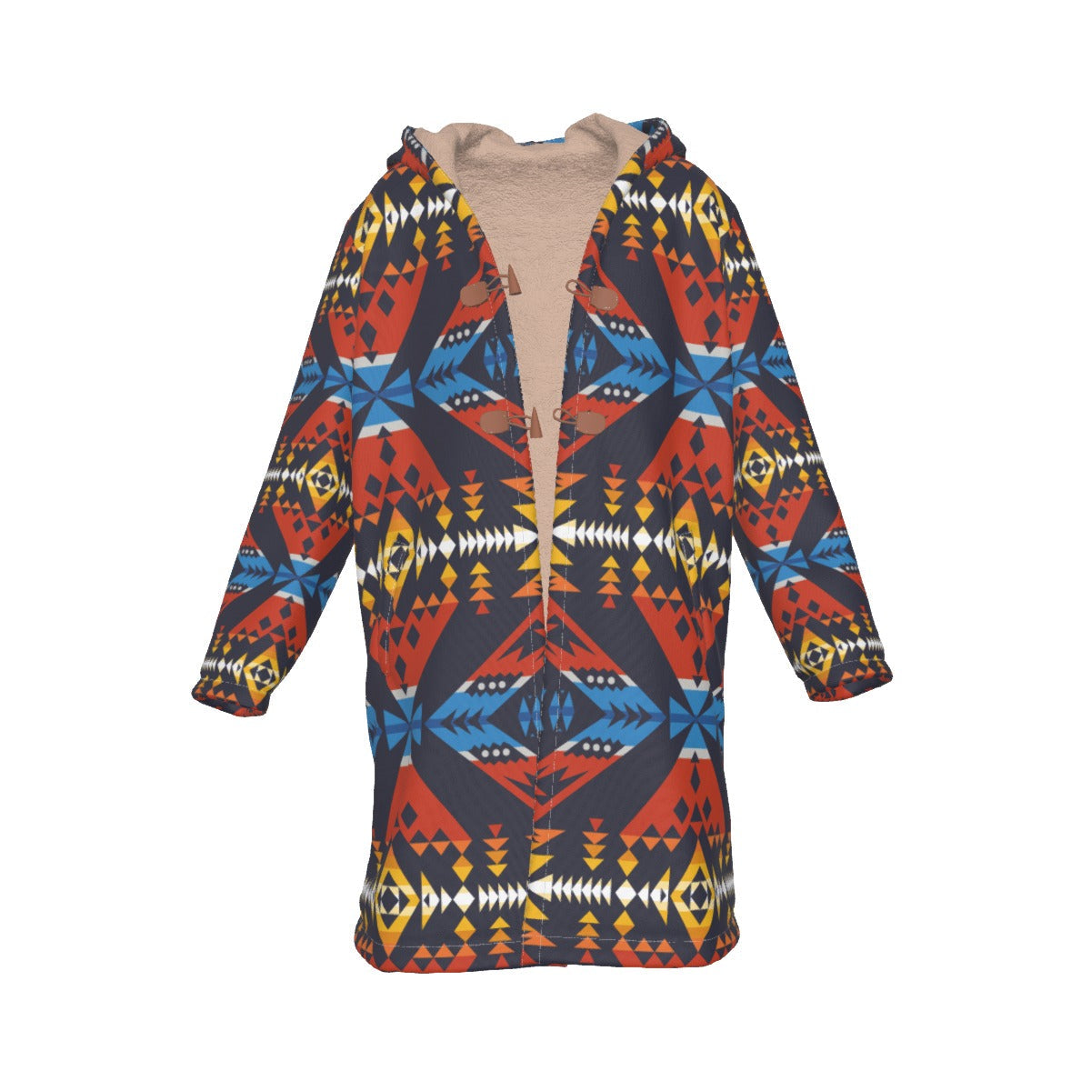 WelcomeNative Native American Horn Button Long Fleece Windbreaker, 3D Long Coat, All Over Print