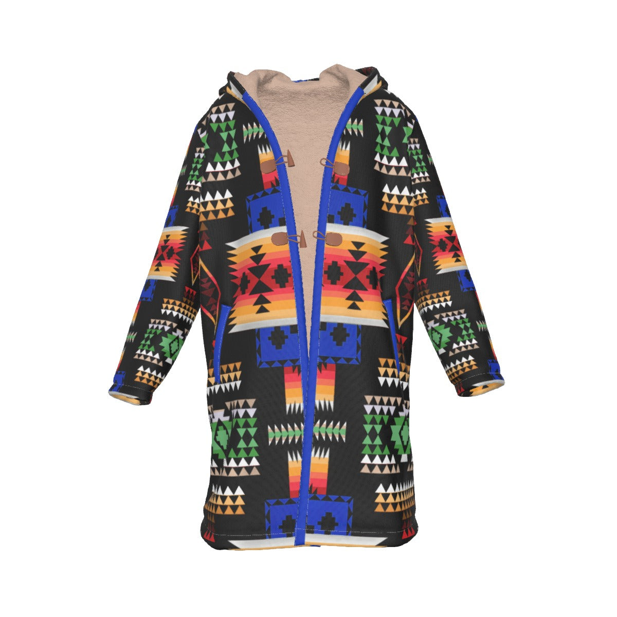 WelcomeNative Native American Horn Button Long Fleece Windbreaker, 3D Long Coat, All Over Print