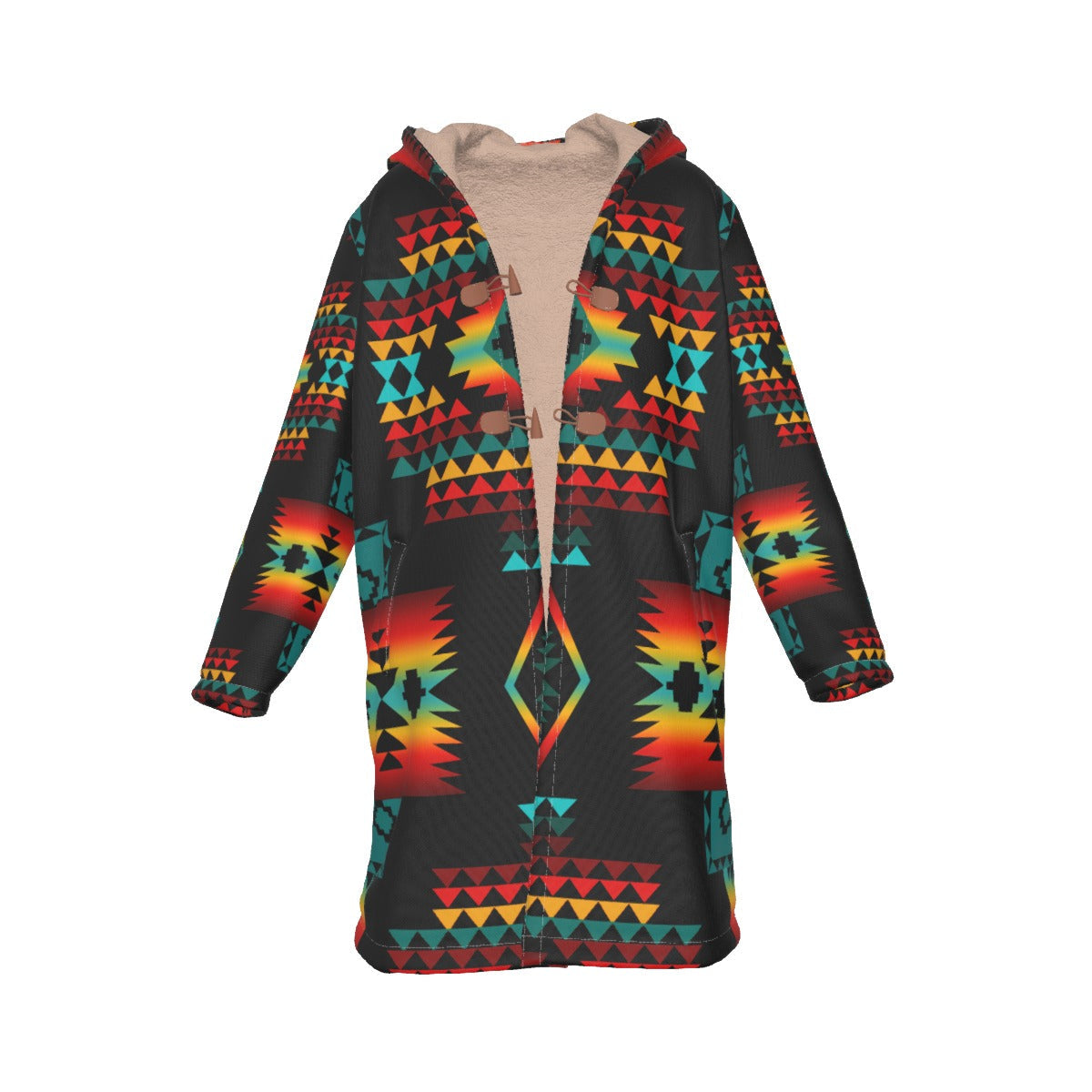 WelcomeNative Native American Horn Button Long Fleece Windbreaker, 3D Long Coat, All Over Print