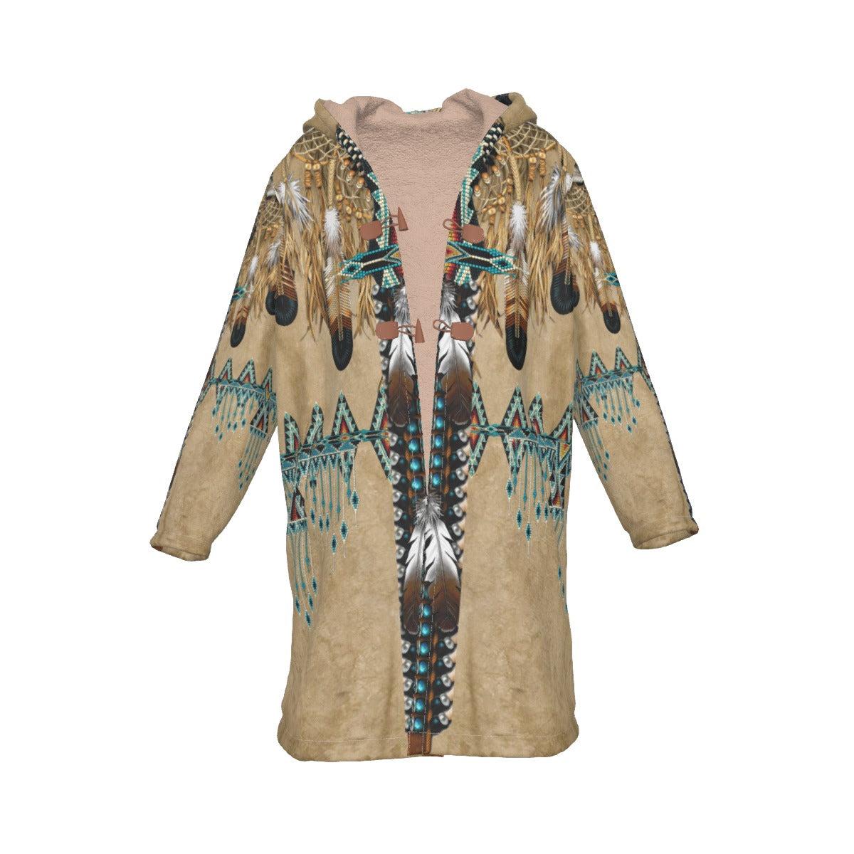 WelcomeNative Native American Horn Button Long Fleece Windbreaker, 3D Long Coat, All Over Print