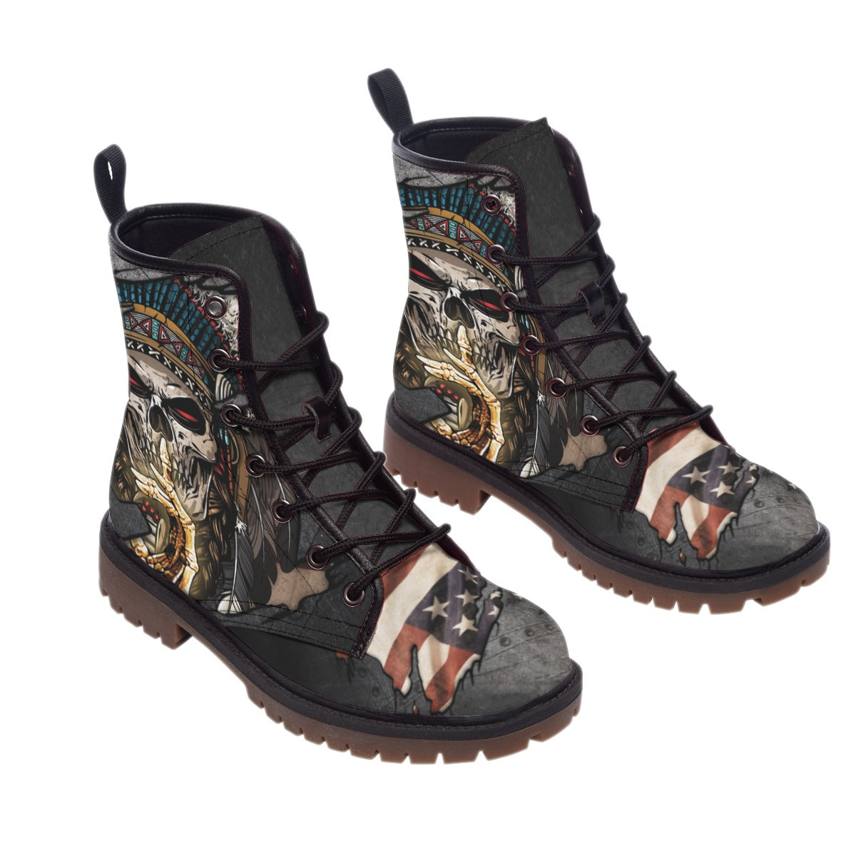 WelcomeNative Skull Flag American Native Leather Martin Short Boots