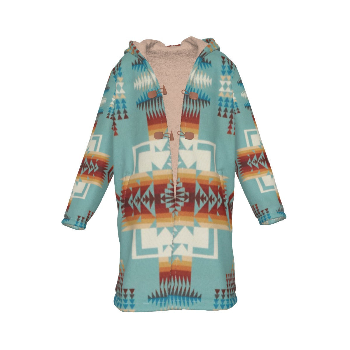 WelcomeNative Native American Horn Button Long Fleece Windbreaker, 3D Long Coat, All Over Print
