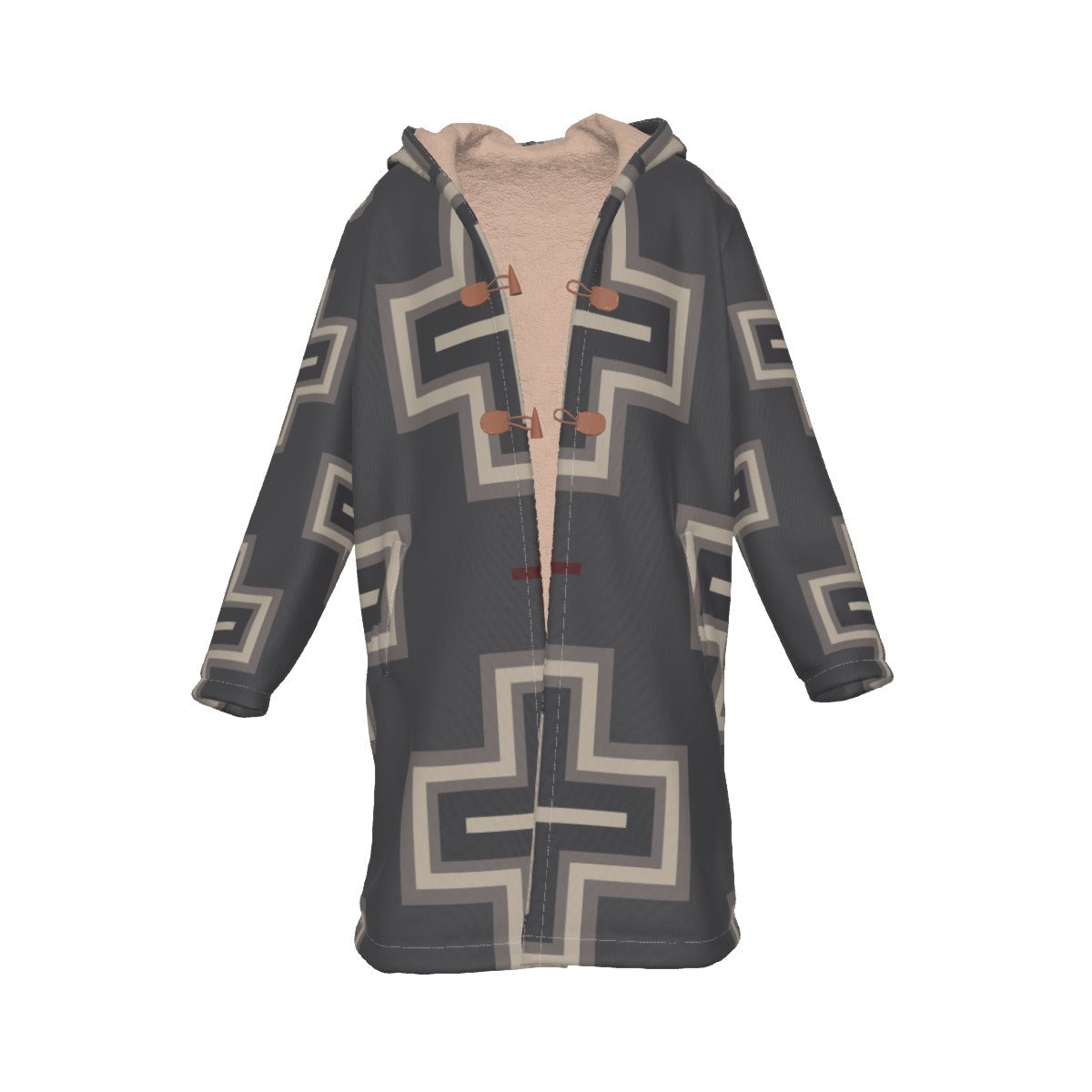 WelcomeNative Native American Horn Button Long Fleece Windbreaker, 3D Long Coat, All Over Print