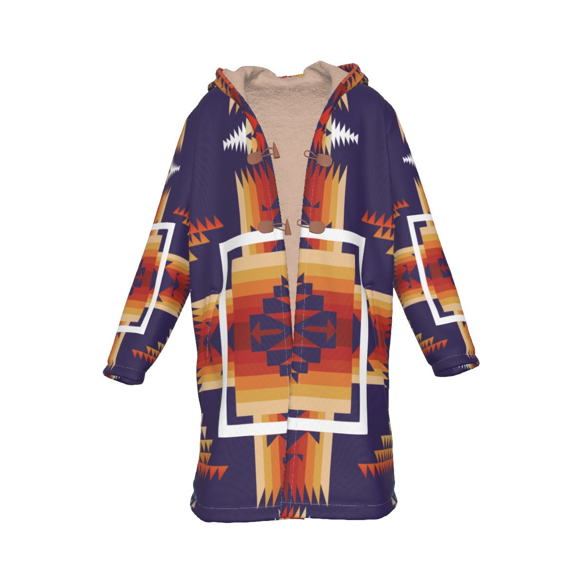 WelcomeNative Native American Horn Button Long Fleece Windbreaker, 3D Long Coat, All Over Print