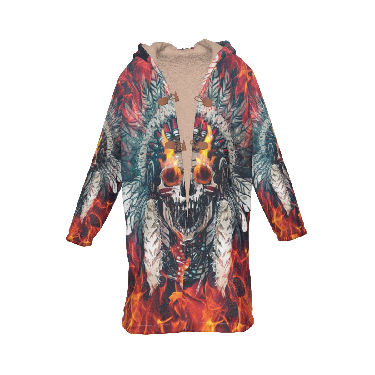 WelcomeNative Native American Horn Button Long Fleece Windbreaker, 3D Long Coat, All Over Print