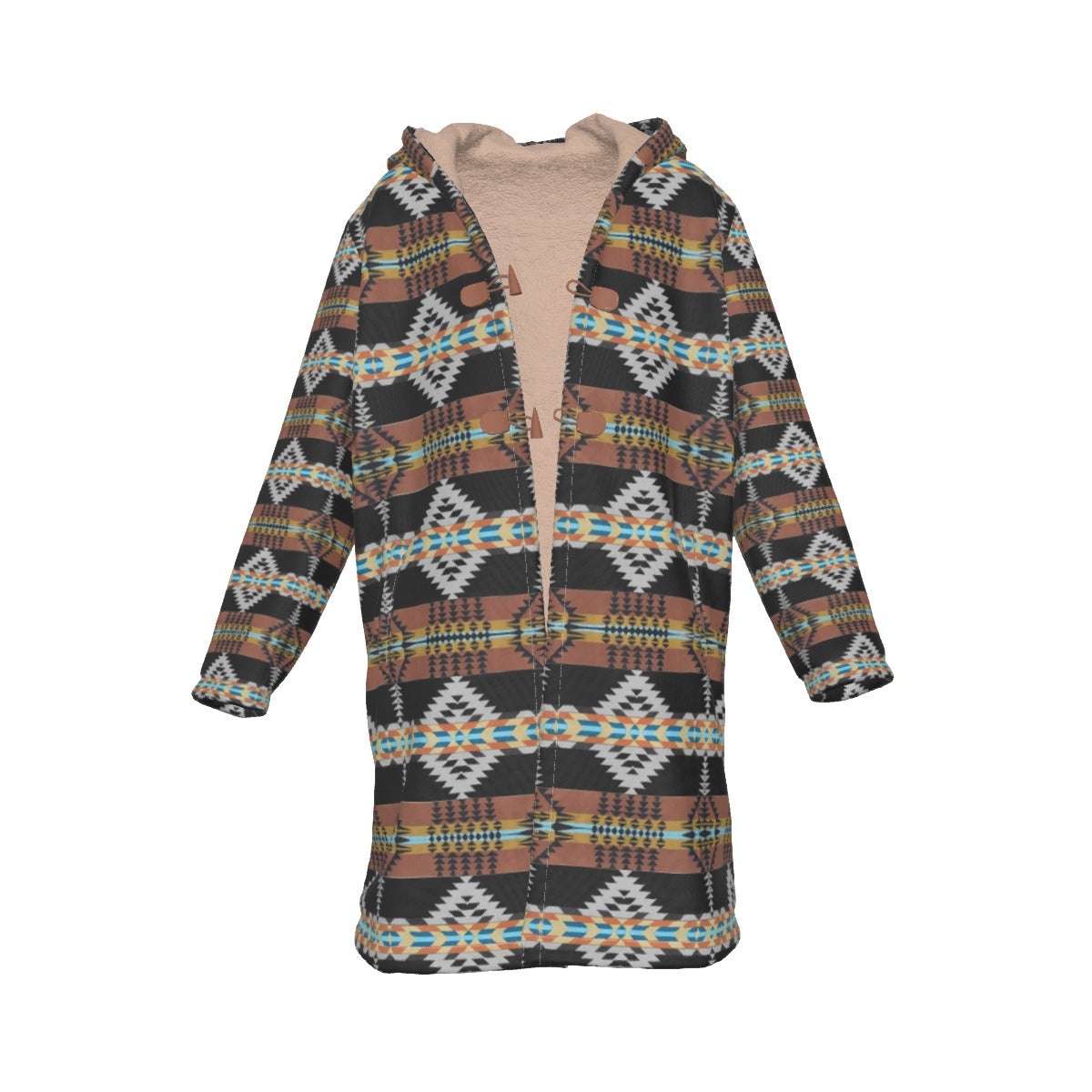 WelcomeNative Native American Horn Button Long Fleece Windbreaker, 3D Long Coat, All Over Print