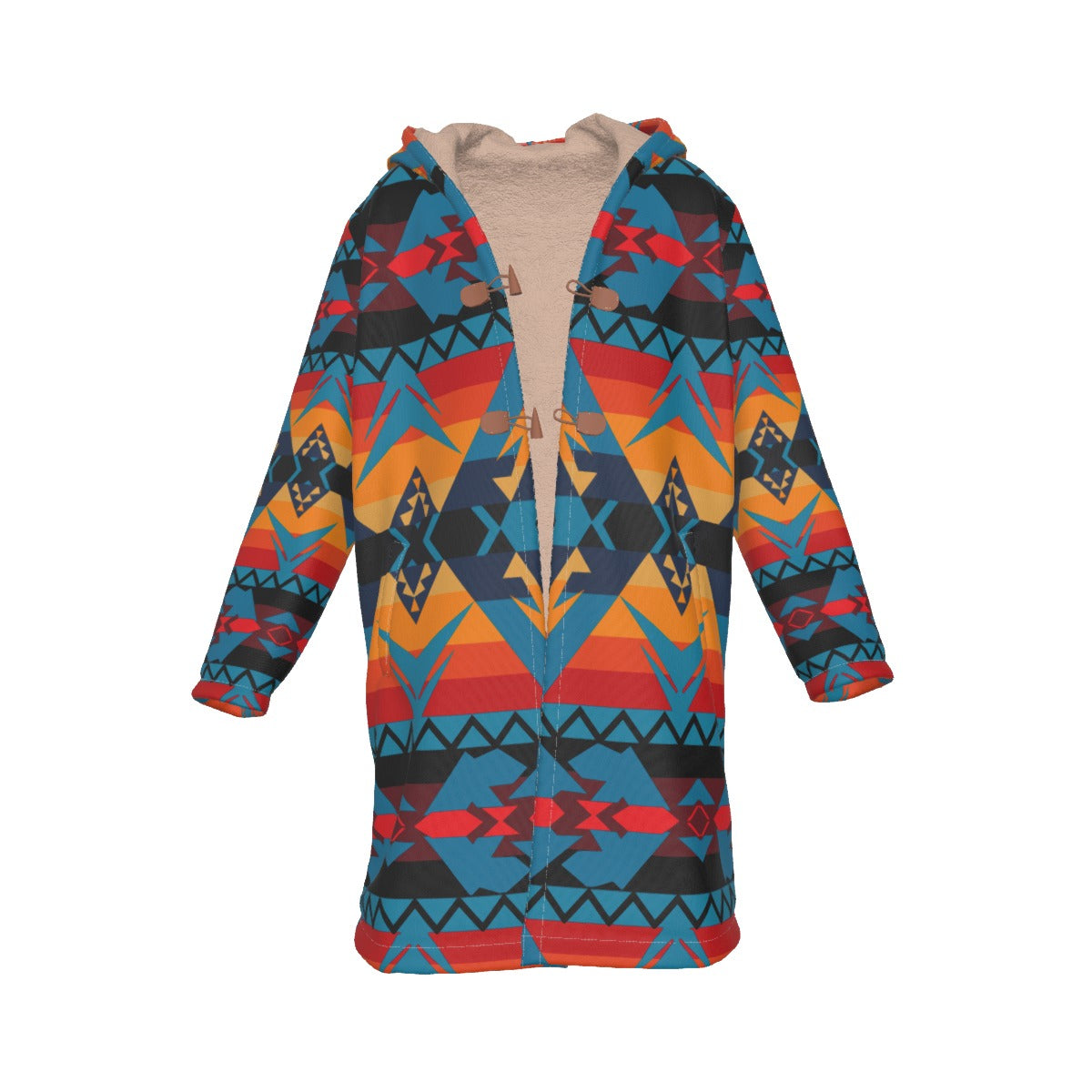 WelcomeNative Native American Horn Button Long Fleece Windbreaker, 3D Long Coat, All Over Print
