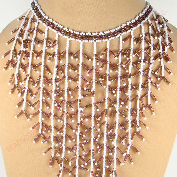 Brown White Seed Beaded Frost Beadwork Bib Necklace Jewelry - Welcome Native