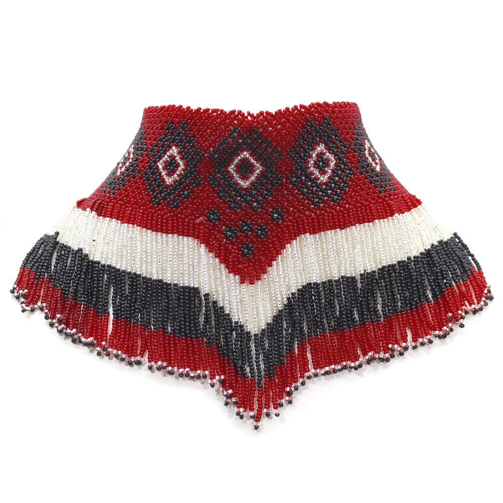 Black Red White Beaded Choker Bib Necklace Handmade - Welcome Native