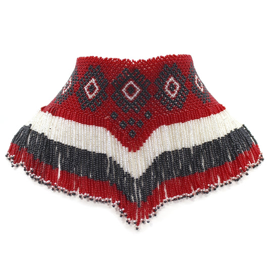 Black Red White Beaded Choker Bib Necklace Handmade - Welcome Native