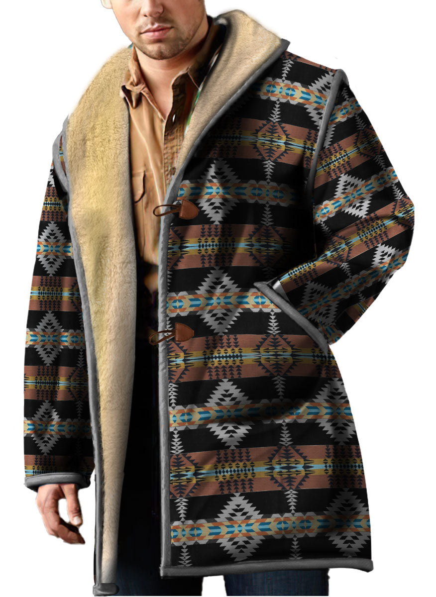 WelcomeNative Native American Horn Button Long Fleece Windbreaker, 3D Long Coat, All Over Print