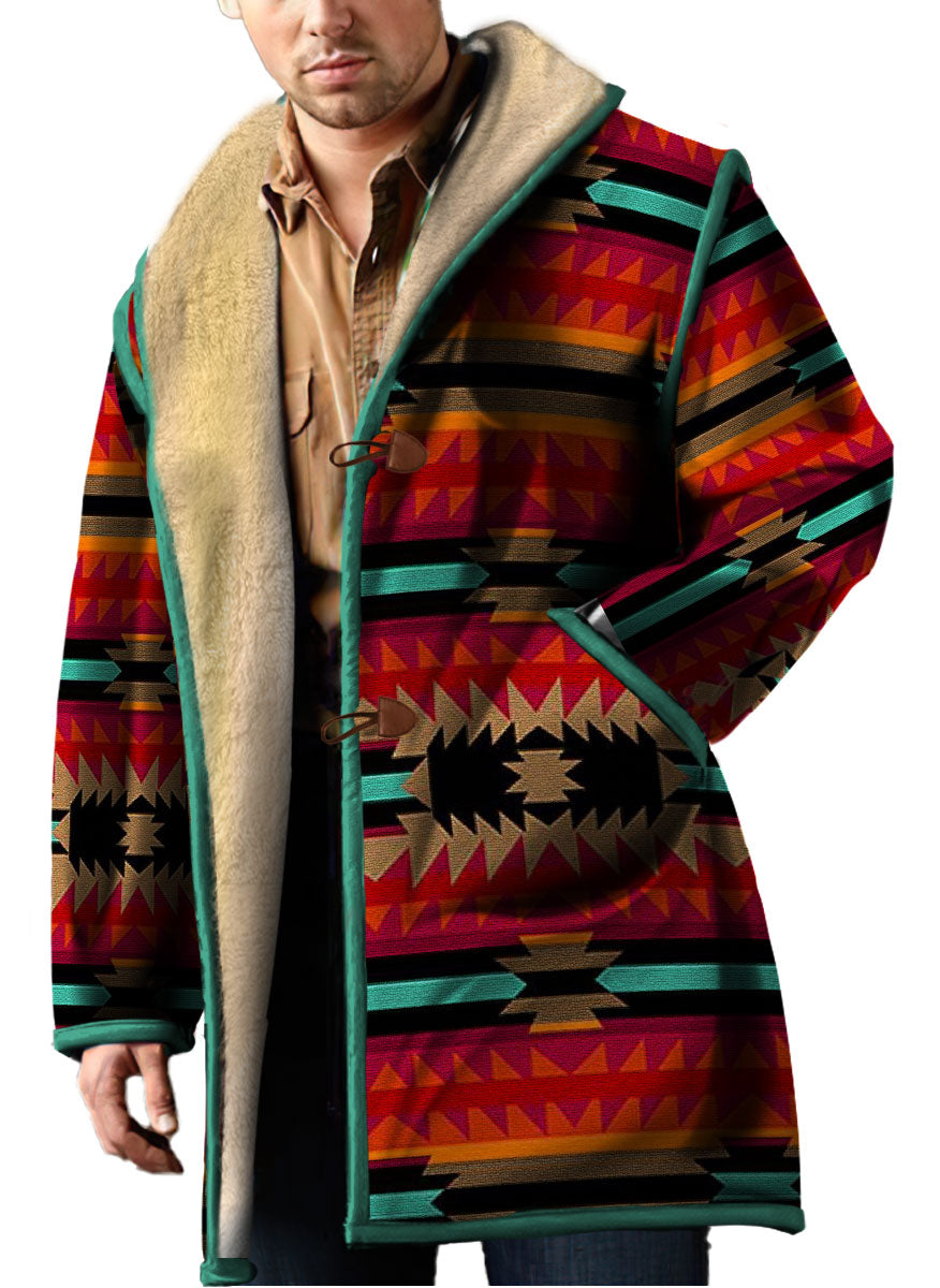 WelcomeNative Native American Horn Button Long Fleece Windbreaker, 3D Long Coat, All Over Print