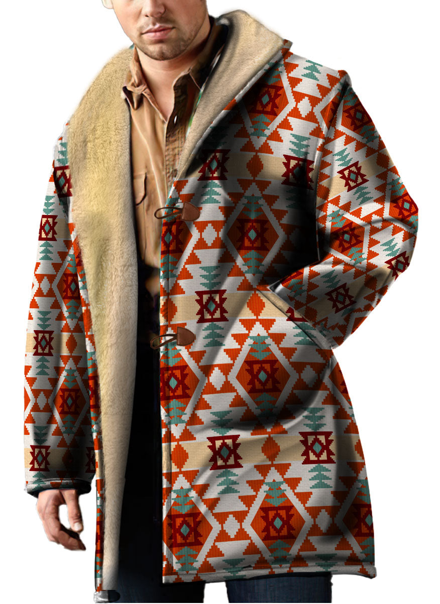 WelcomeNative Native American Horn Button Long Fleece Windbreaker, 3D Long Coat, All Over Print