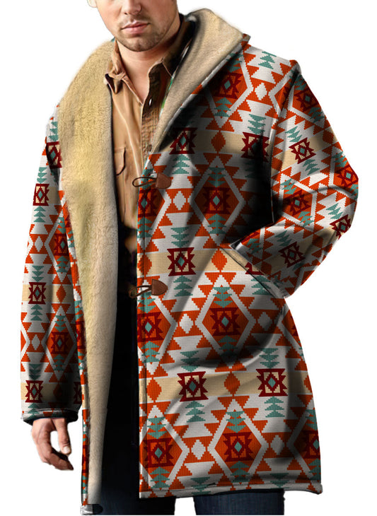 WelcomeNative Native American Horn Button Long Fleece Windbreaker, 3D Long Coat, All Over Print