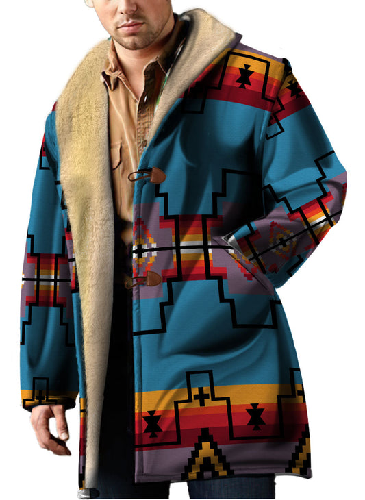 WelcomeNative Native American Horn Button Long Fleece Windbreaker, 3D Long Coat, All Over Print