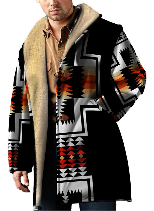 WelcomeNative Native American Horn Button Long Fleece Windbreaker, 3D Long Coat, All Over Print