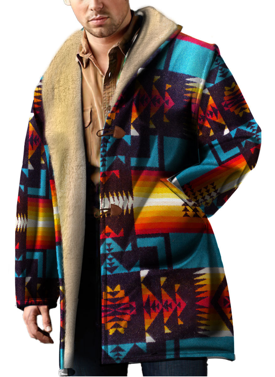 WelcomeNative Native American Horn Button Long Fleece Windbreaker, 3D Long Coat, All Over Print