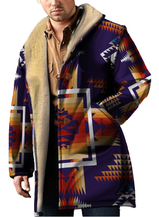WelcomeNative Native American Horn Button Long Fleece Windbreaker, 3D Long Coat, All Over Print