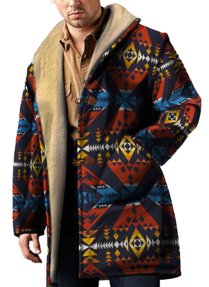 WelcomeNative Native American Horn Button Long Fleece Windbreaker, 3D Long Coat, All Over Print