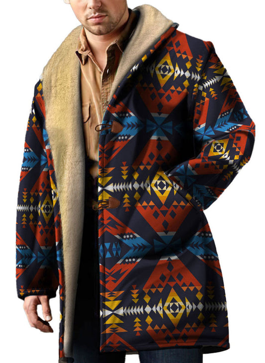 WelcomeNative Native American Horn Button Long Fleece Windbreaker, 3D Long Coat, All Over Print