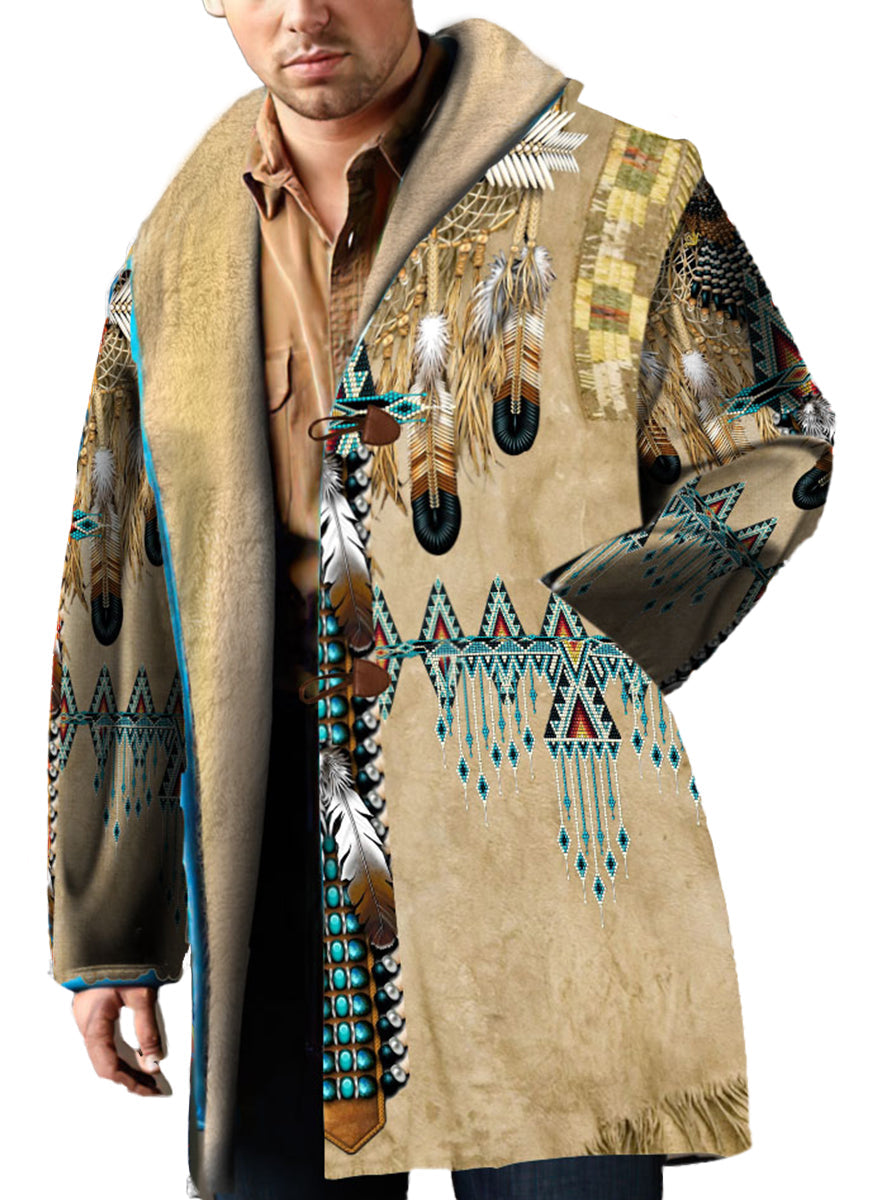 WelcomeNative Native American Horn Button Long Fleece Windbreaker, 3D Long Coat, All Over Print