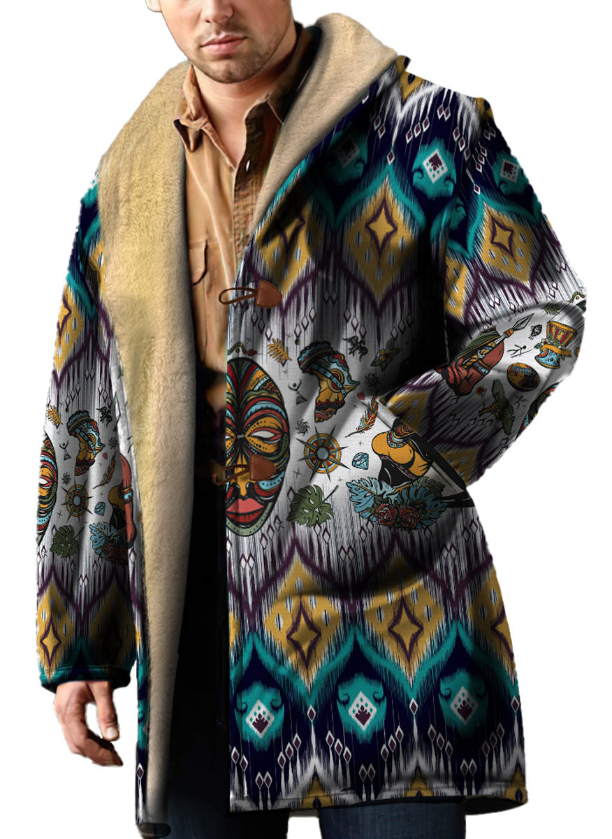 WelcomeNative Native American Horn Button Long Fleece Windbreaker, 3D Long Coat, All Over Print