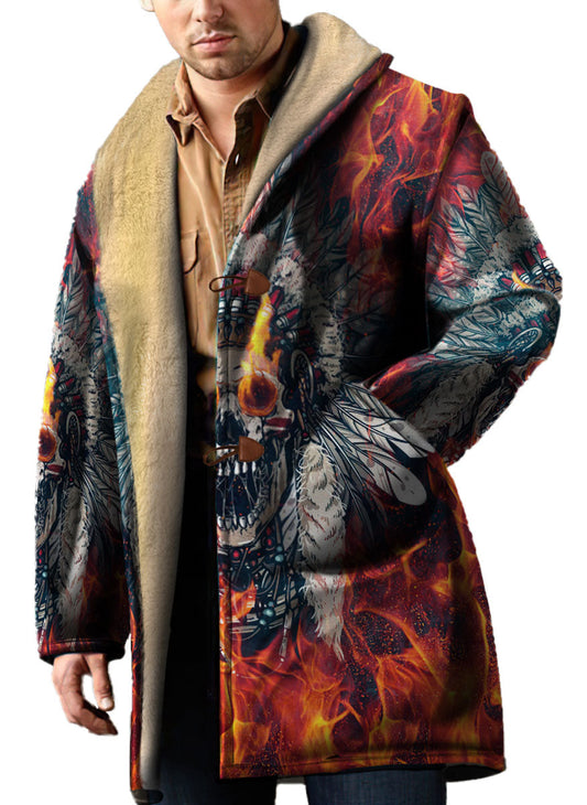 WelcomeNative Native American Horn Button Long Fleece Windbreaker, 3D Long Coat, All Over Print