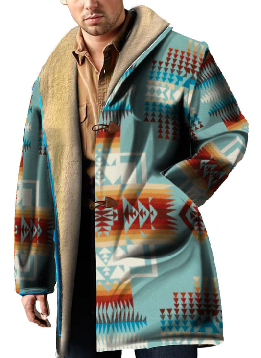 WelcomeNative Native American Horn Button Long Fleece Windbreaker, 3D Long Coat, All Over Print