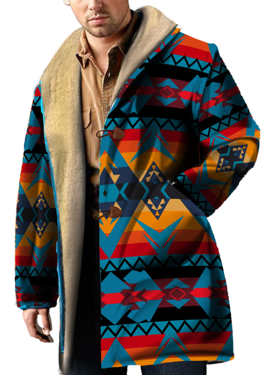 WelcomeNative Native American Horn Button Long Fleece Windbreaker, 3D Long Coat, All Over Print