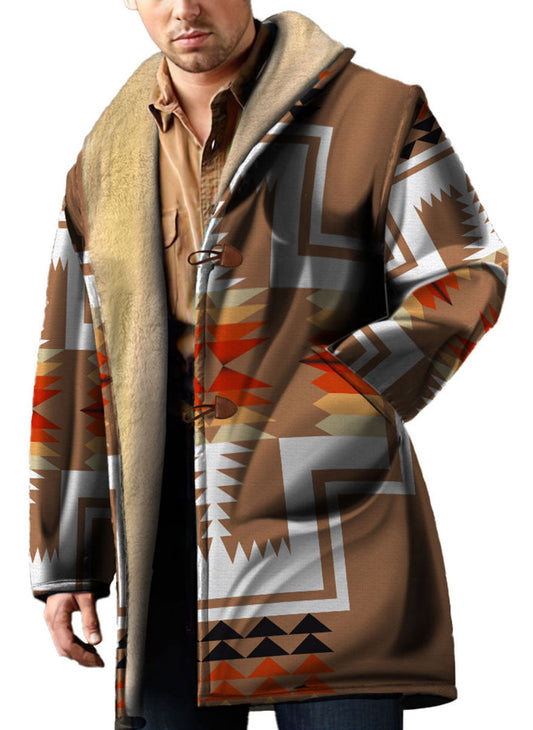 WelcomeNative Native American Horn Button Long Fleece Windbreaker, 3D Long Coat, All Over Print