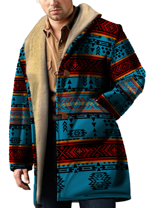 WelcomeNative Native American Horn Button Long Fleece Windbreaker, 3D Long Coat, All Over Print